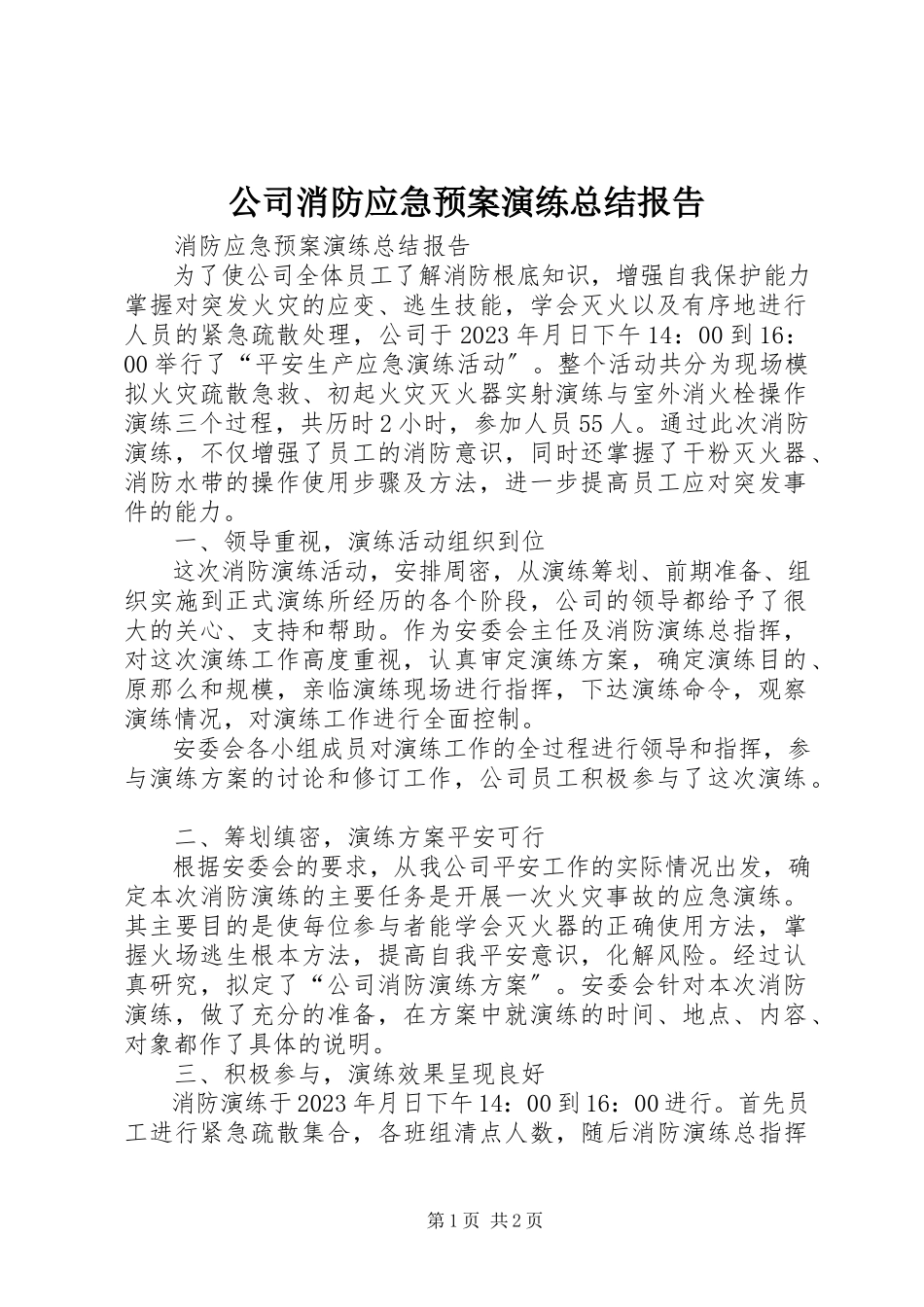 2023年公司消防应急预案演练总结报告.docx_第1页