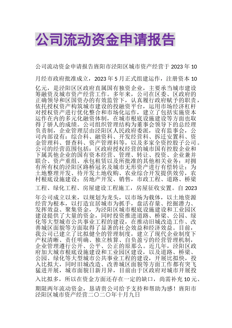 2023年公司流动资金申请报告.doc_第1页