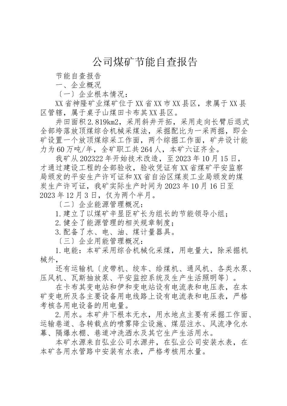 2023年公司煤矿节能自查报告.doc_第1页
