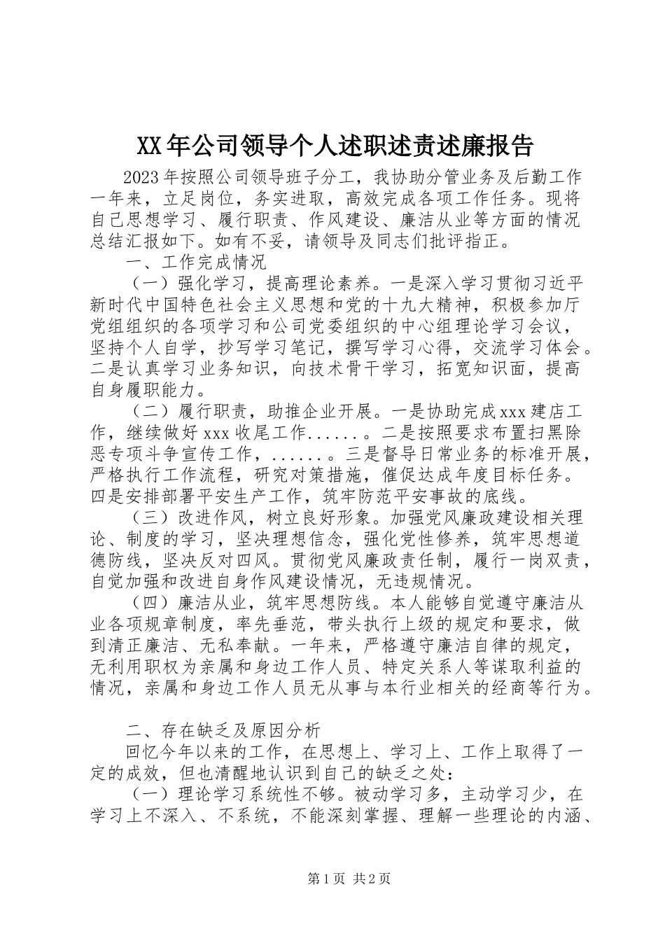 2023年公司领导个人述职述责述廉报告.docx_第1页