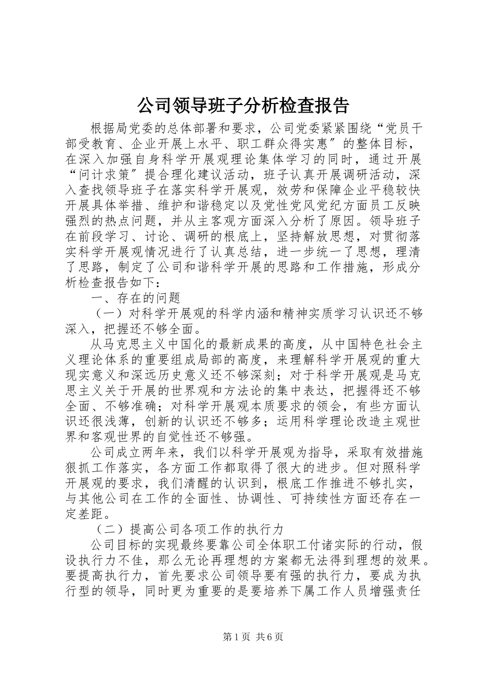 2023年公司领导班子分析检查报告.docx_第1页