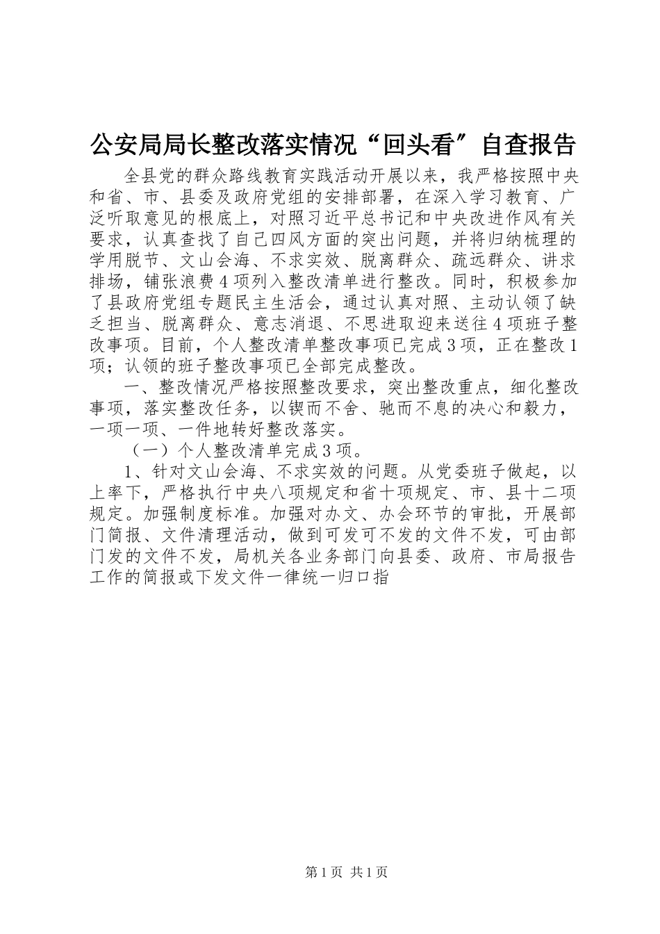 2023年公安局局长整改落实情况“回头看”自查报告.docx_第1页