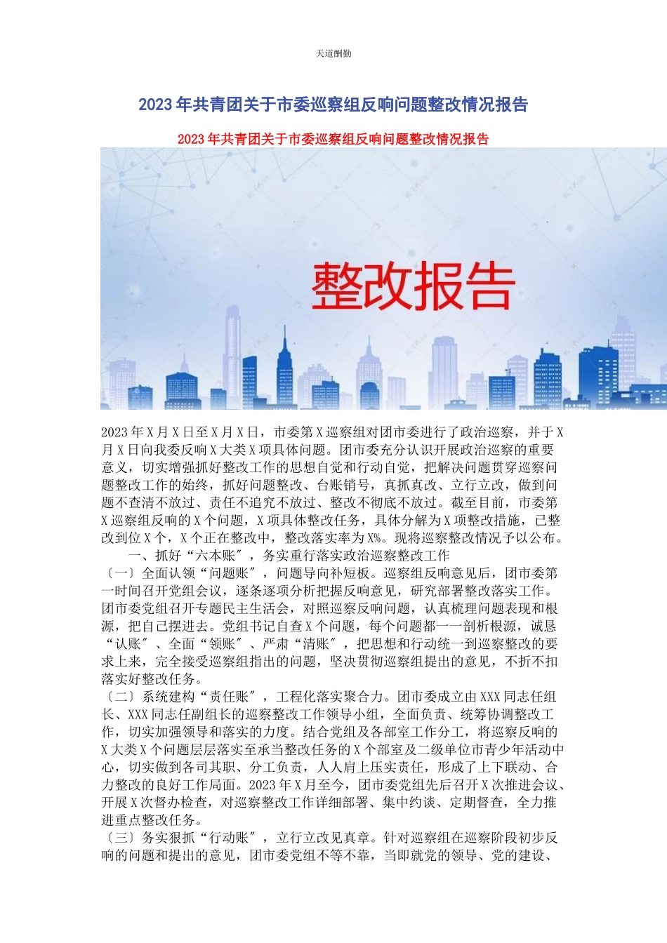 2023年共青团市委巡察组反馈问题整改情况报告范文.docx_第1页