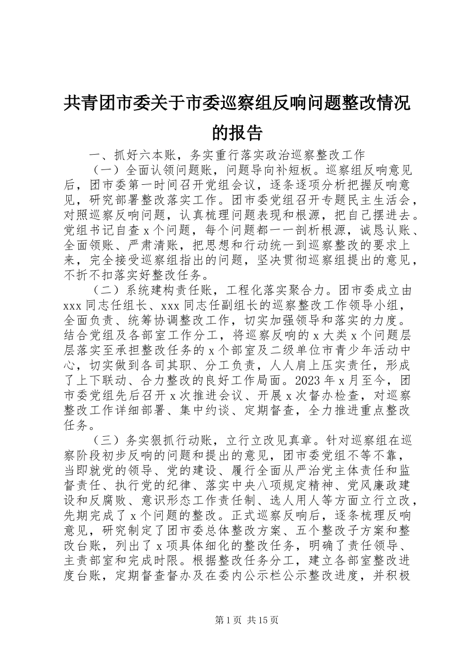 2023年共青团市委市委巡察组反馈问题整改情况的报告.docx_第1页