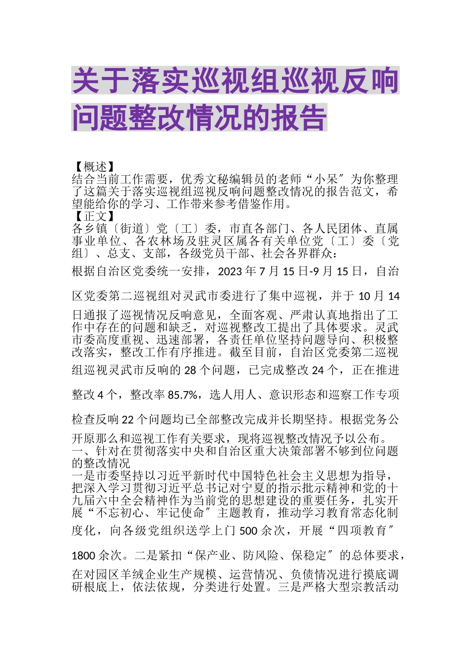 2023年关于落实巡视组巡视反馈问题整改情况的报告.doc_第1页