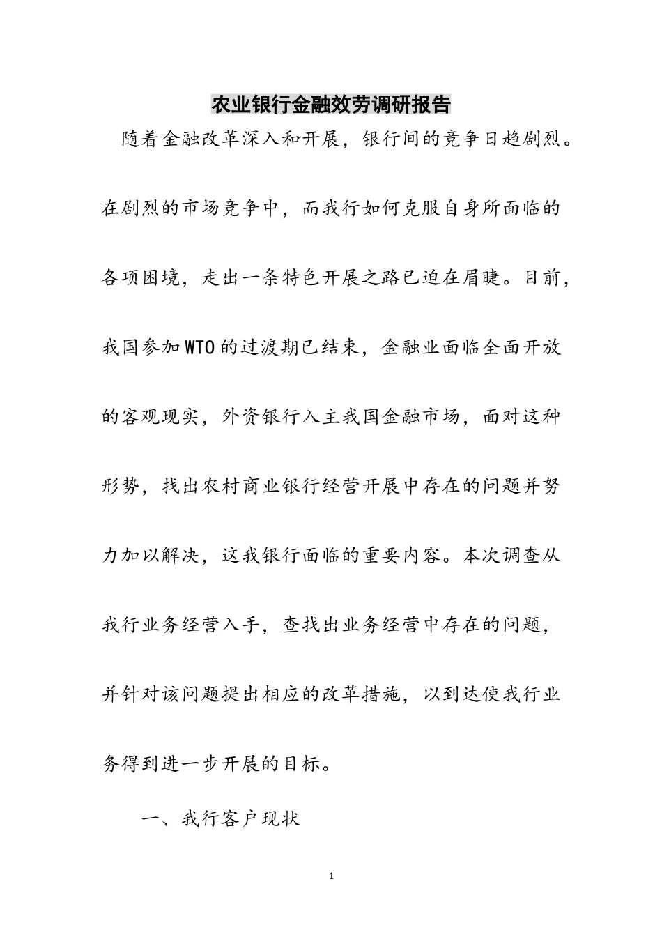 2023年农业银行金融服务调研报告范文.doc_第1页