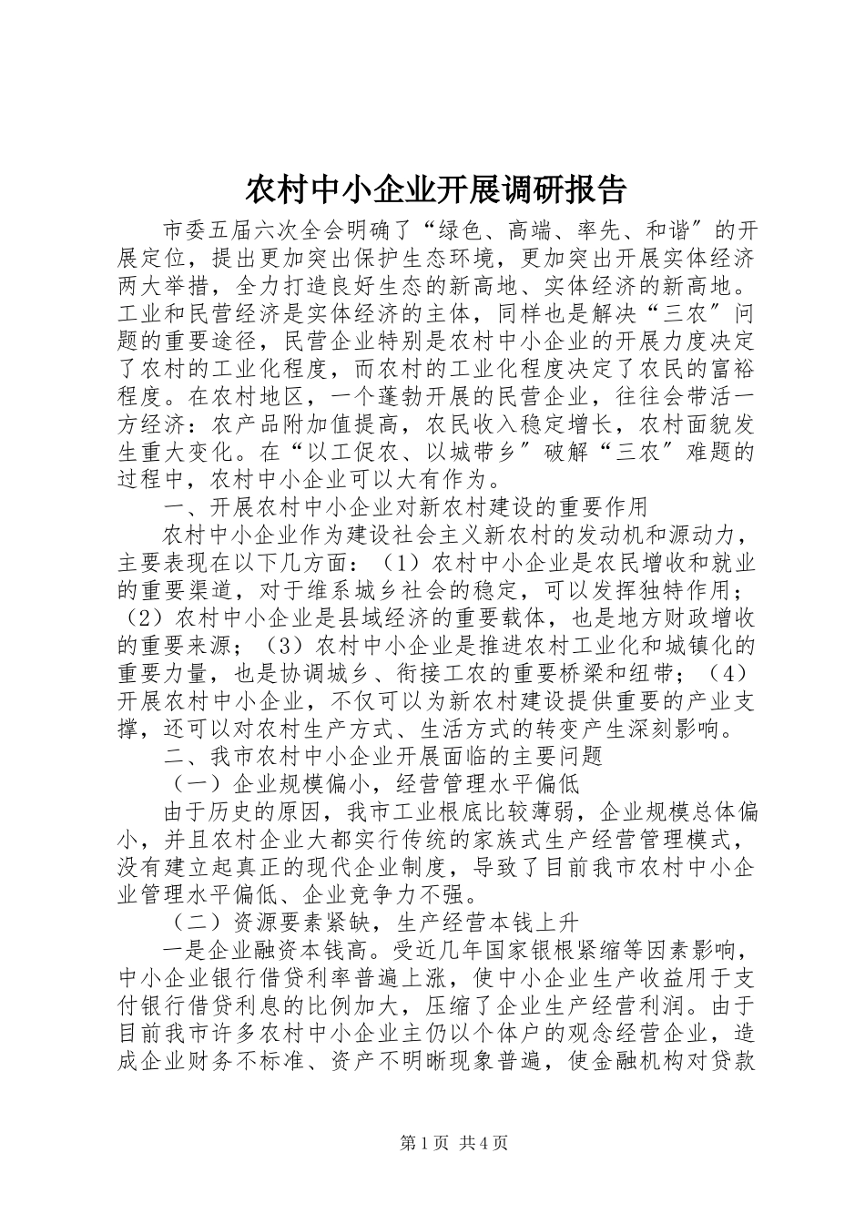 2023年农村中小企业发展调研报告.docx_第1页