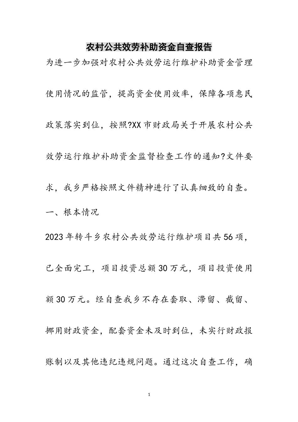 2023年农村公共服务补助资金自查报告范文.doc_第1页
