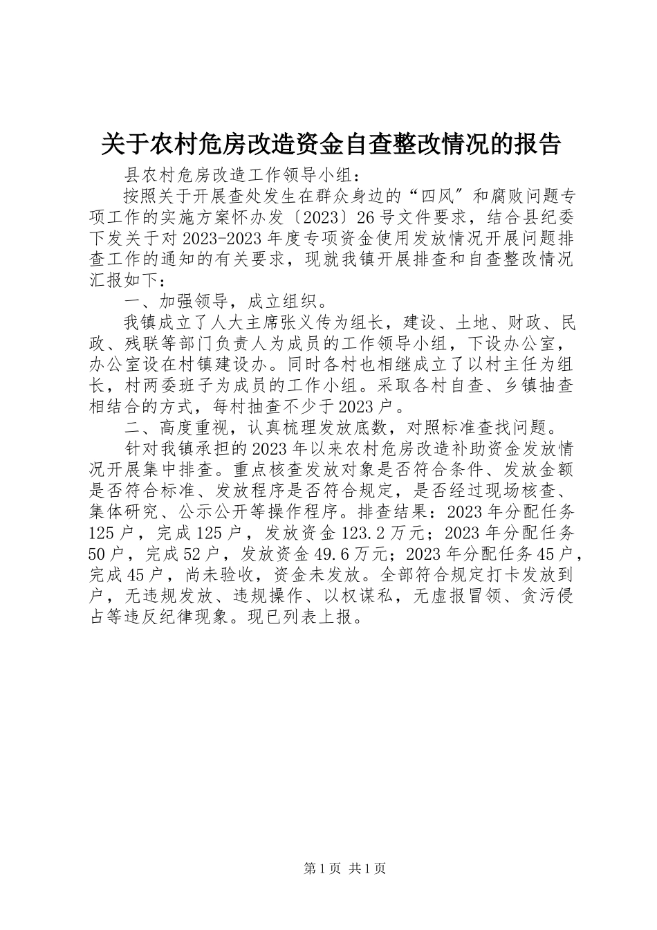 2023年农村危房改造资金自查整改情况的报告.docx_第1页