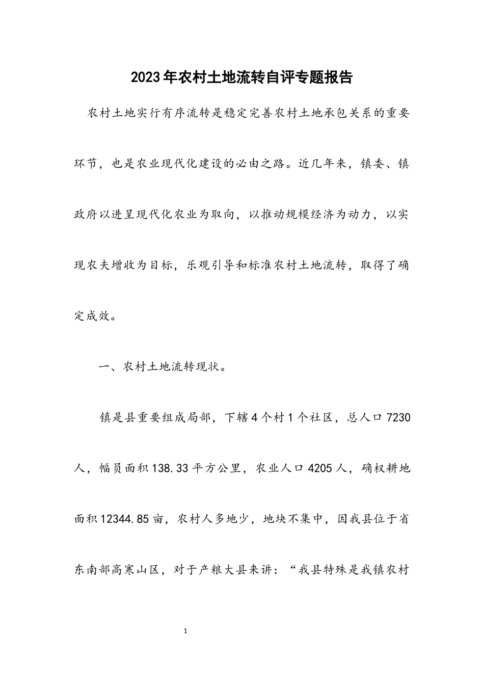 2023年农村土地流转自评专题报告.docx_第1页