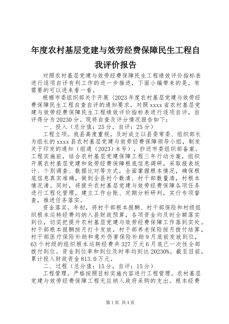 2023年农村基层党建与服务经费保障民生工程自我评价报告.docx_第1页