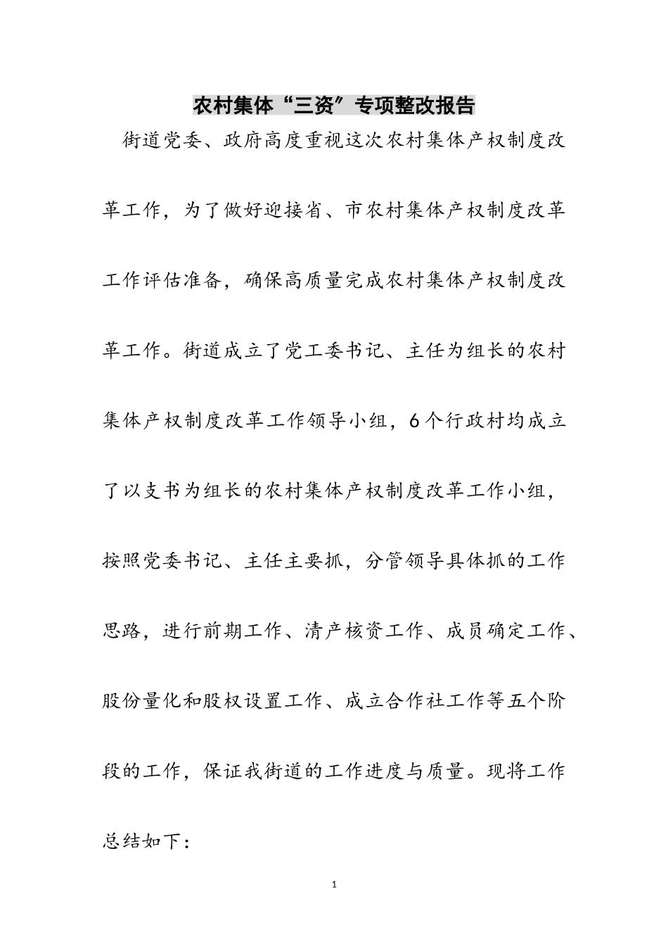 2023年农村集体“三资”专项整改报告范文.doc_第1页