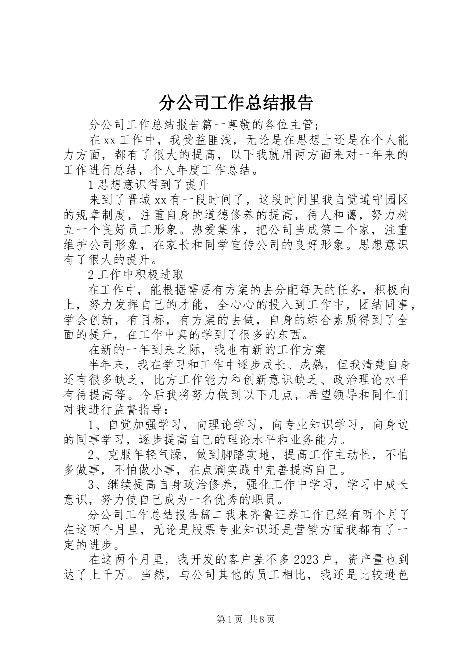 2023年分公司工作总结报告.docx_第1页