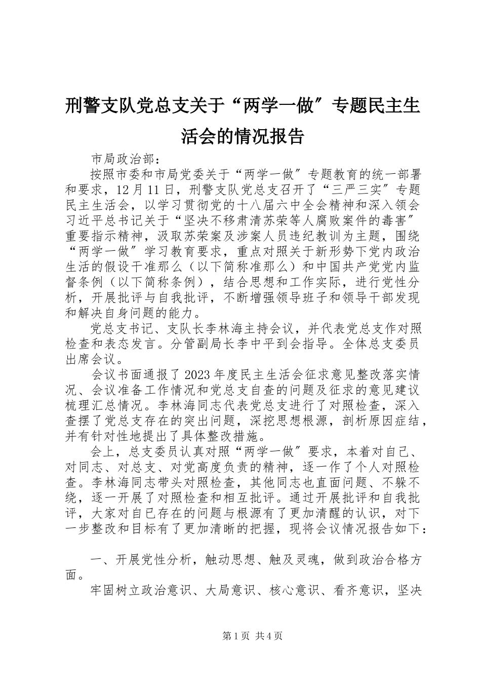 2023年刑警支队党总支关于“两学一做”专题民主生活会的情况报告.docx_第1页