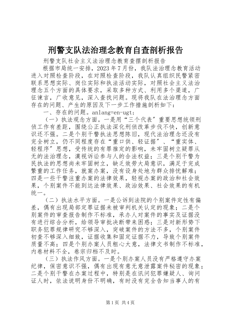 2023年刑警支队法治理念教育自查剖析报告.docx_第1页
