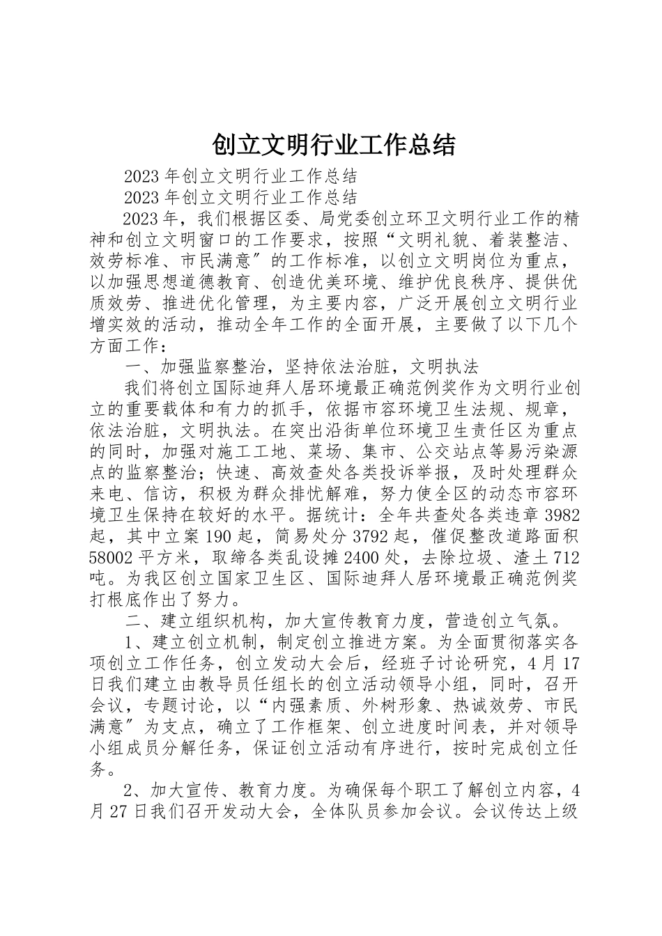 2023年创建文明行业工作总结.docx_第1页