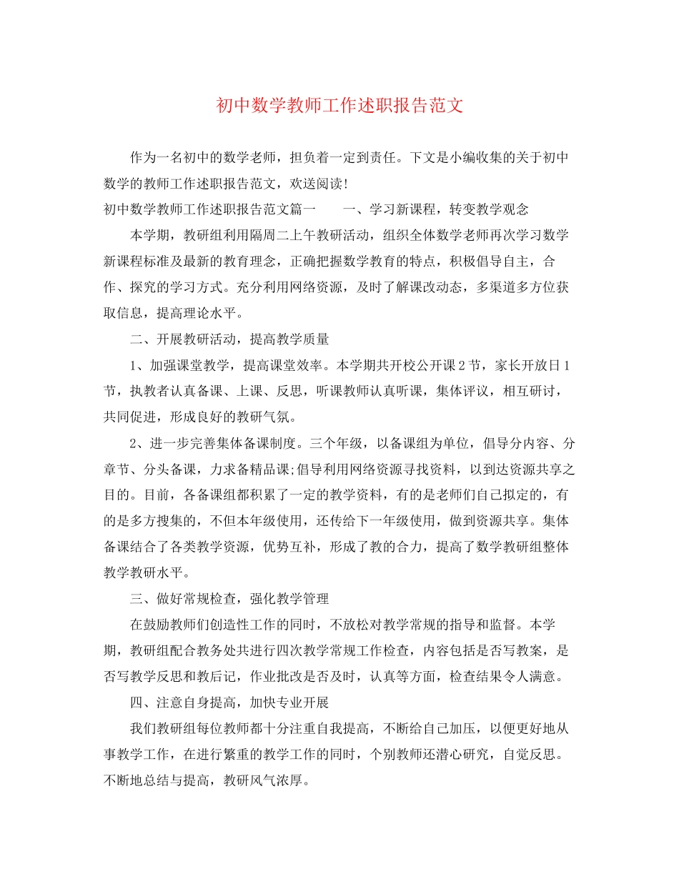 2023年初中数学教师工作述职报告范文.docx_第1页
