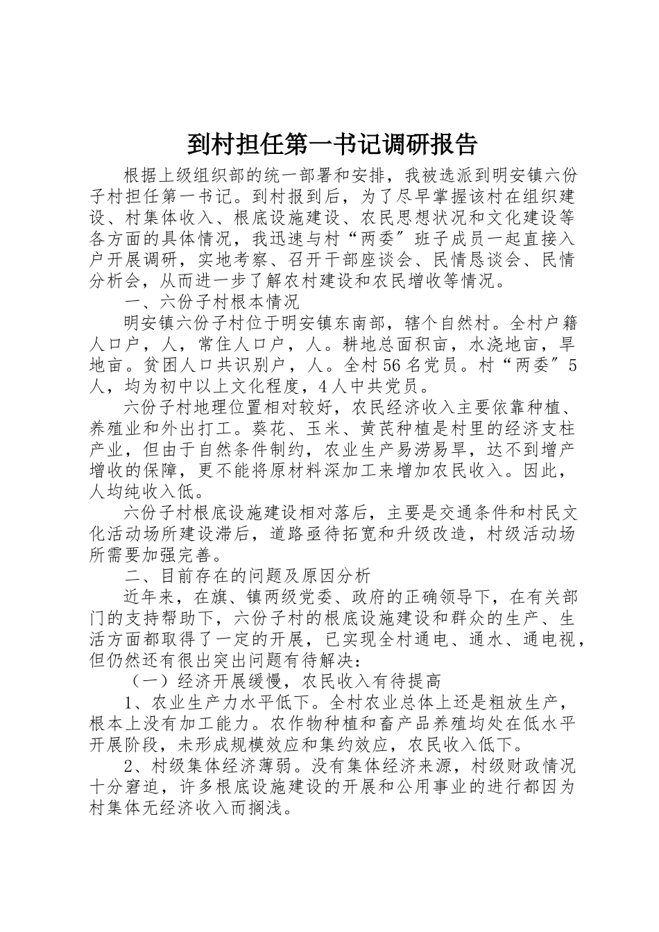 2023年到村担任第一书记调研报告.docx_第1页