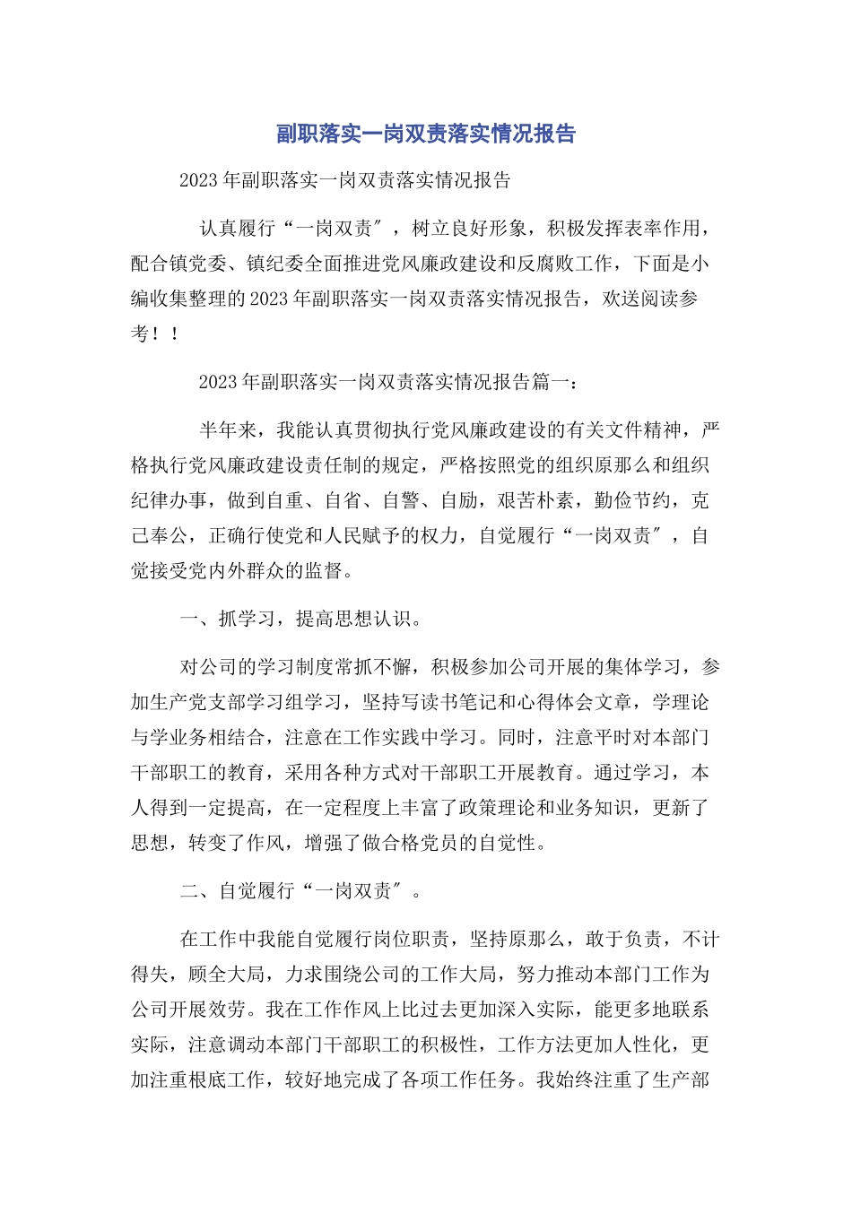 2023年副职落实一岗双责落实情况报告2.docx_第1页