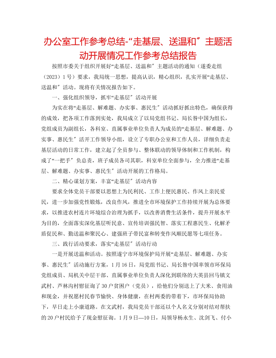 2023年办公室工作总结走基层送温暖主题活动开展情况工作总结报告.docx_第1页