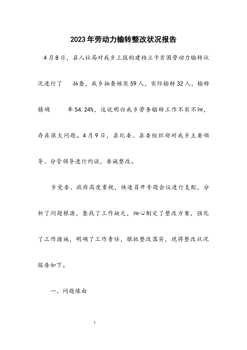 2023年劳动力输转整改情况报告.docx_第1页