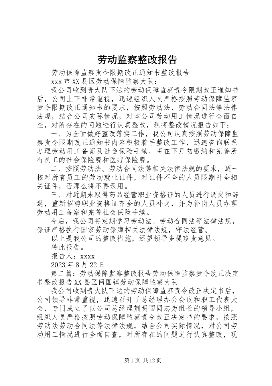 2023年劳动监察整改报告.docx_第1页