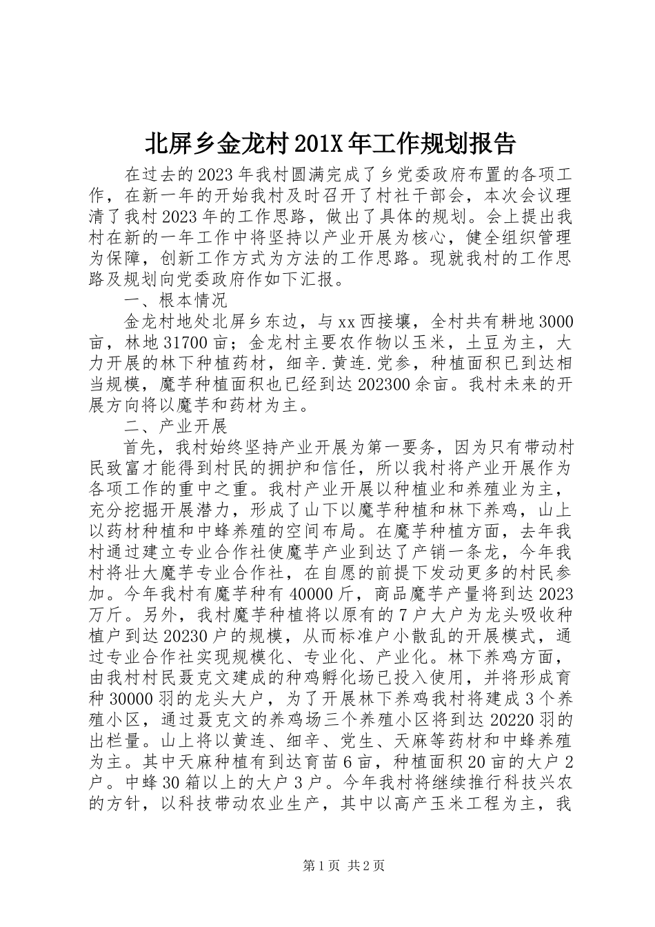2023年北屏乡金龙村工作规划报告新编.docx_第1页