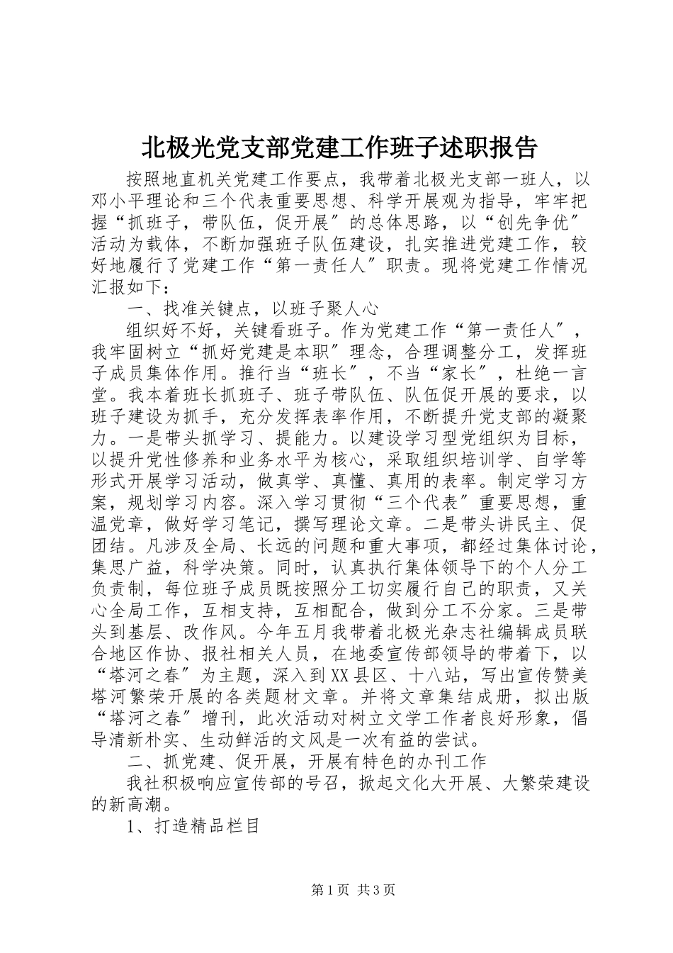 2023年北极光党支部党建工作班子述职报告新编.docx_第1页