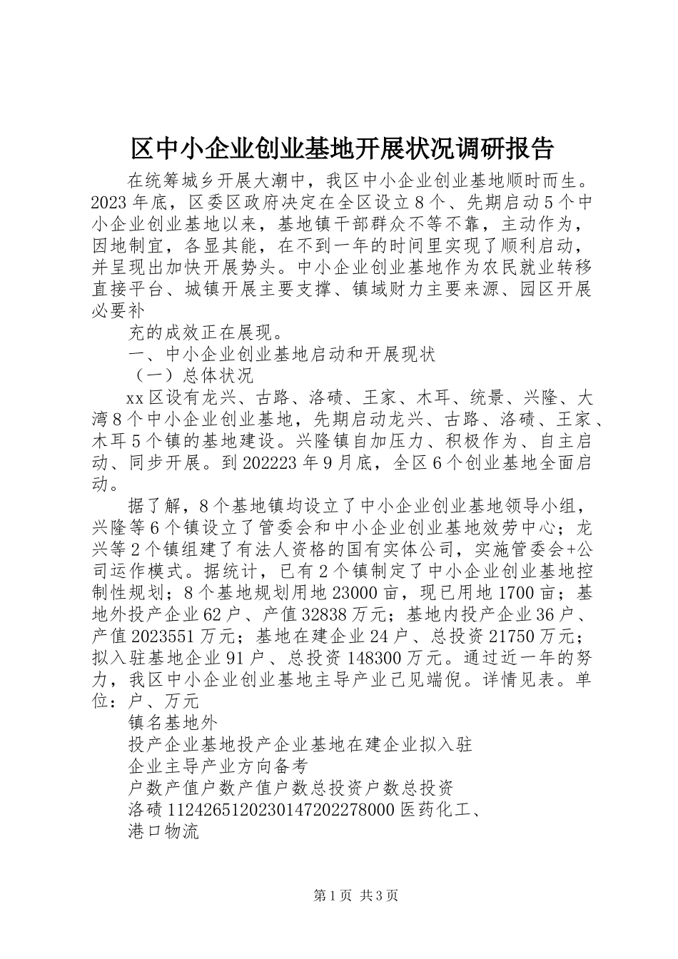 2023年区中小企业创业基地发展状况调研报告.docx_第1页