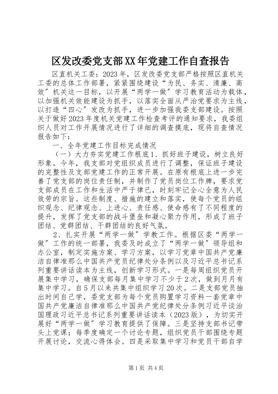 2023年区发改委党支部党建工作自查报告2.docx_第1页