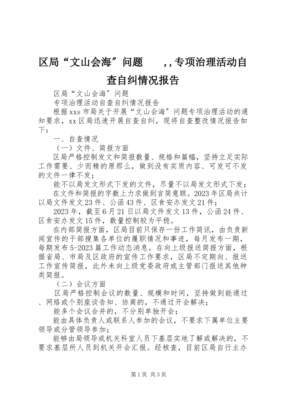 2023年区局“文山会海”问题　　专项治理活动自查自纠情况报告.docx_第1页