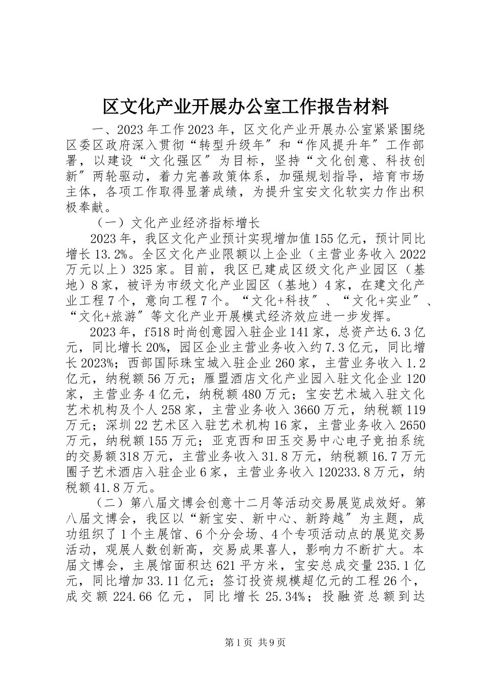 2023年区文化产业发展办公室工作报告材料.docx_第1页