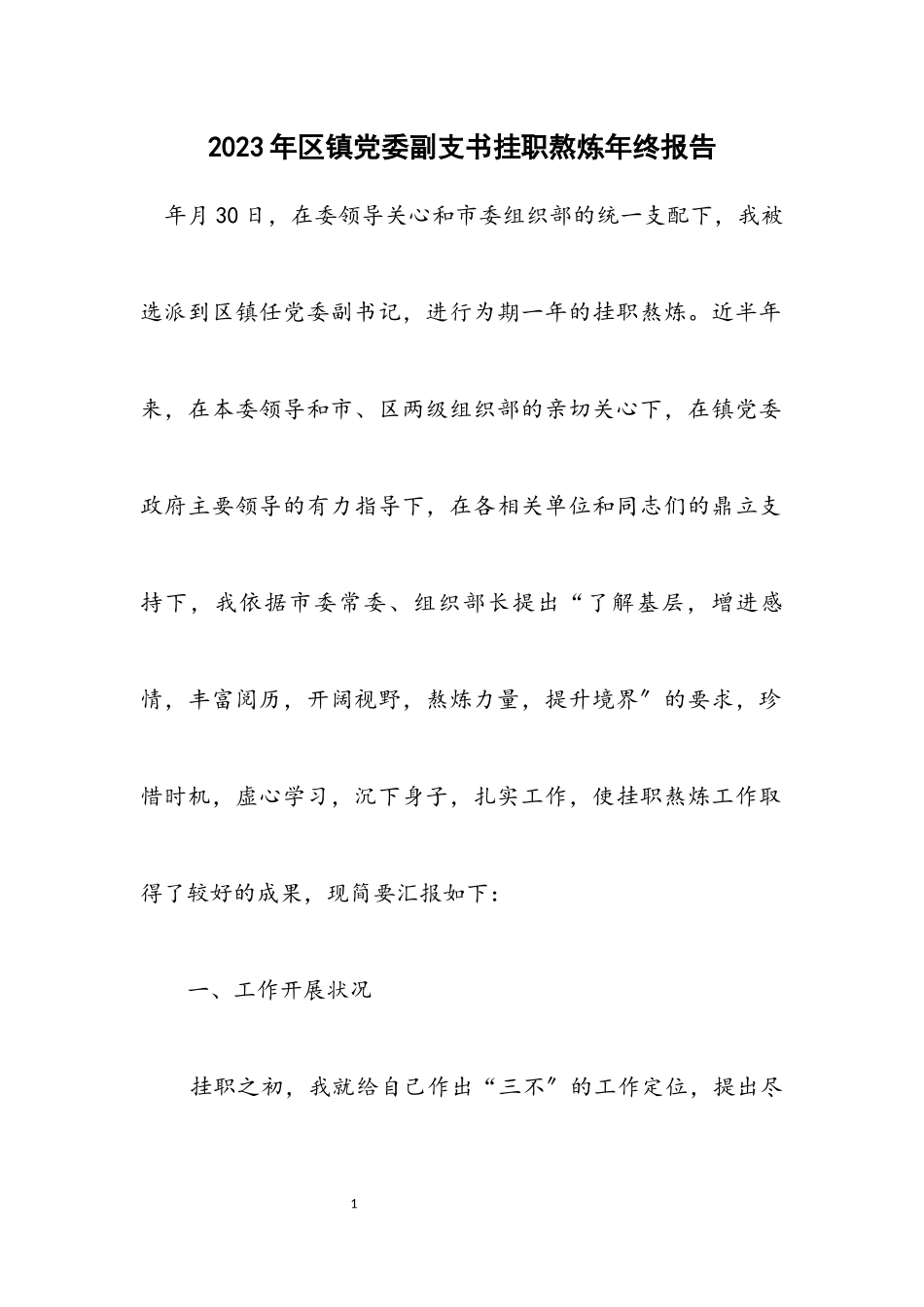 2023年区镇党委副支书挂职锻炼年终报告.docx_第1页