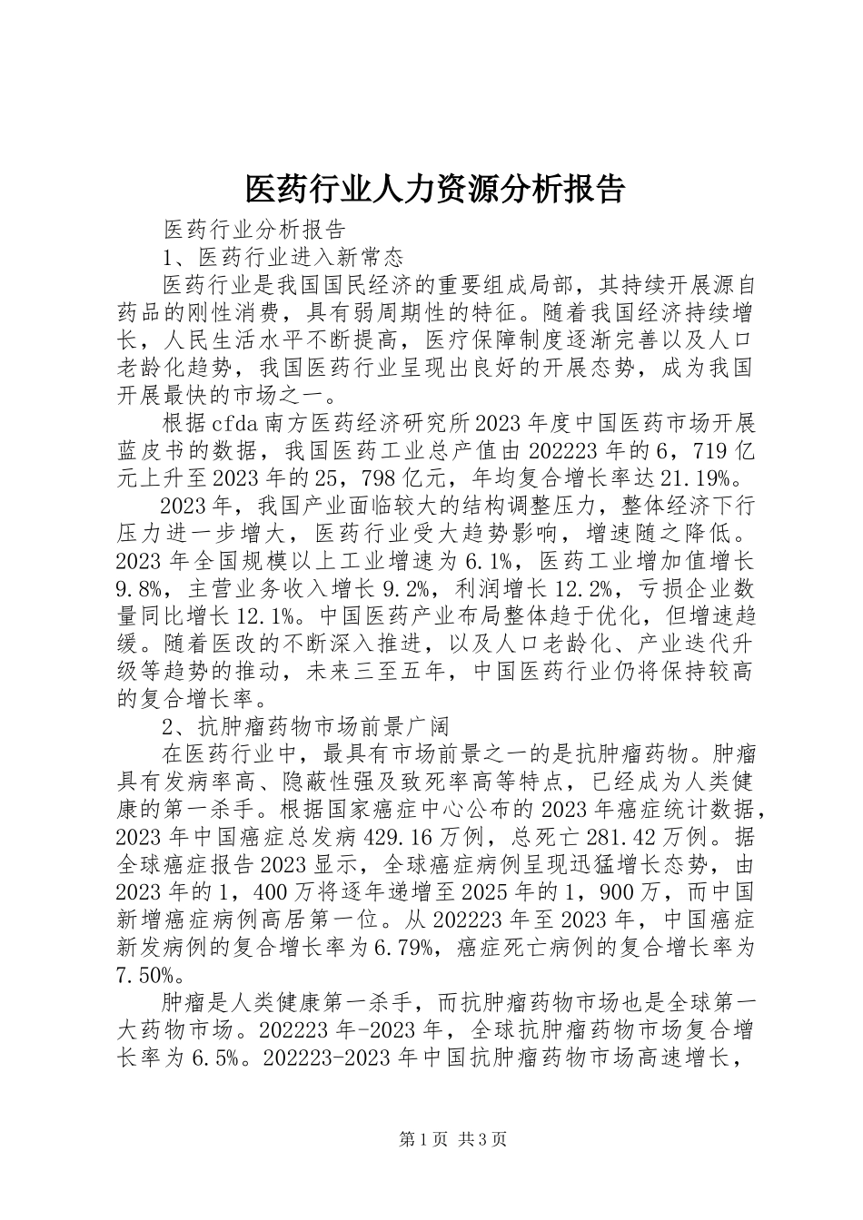 2023年医药行业人力资源分析报告.docx_第1页