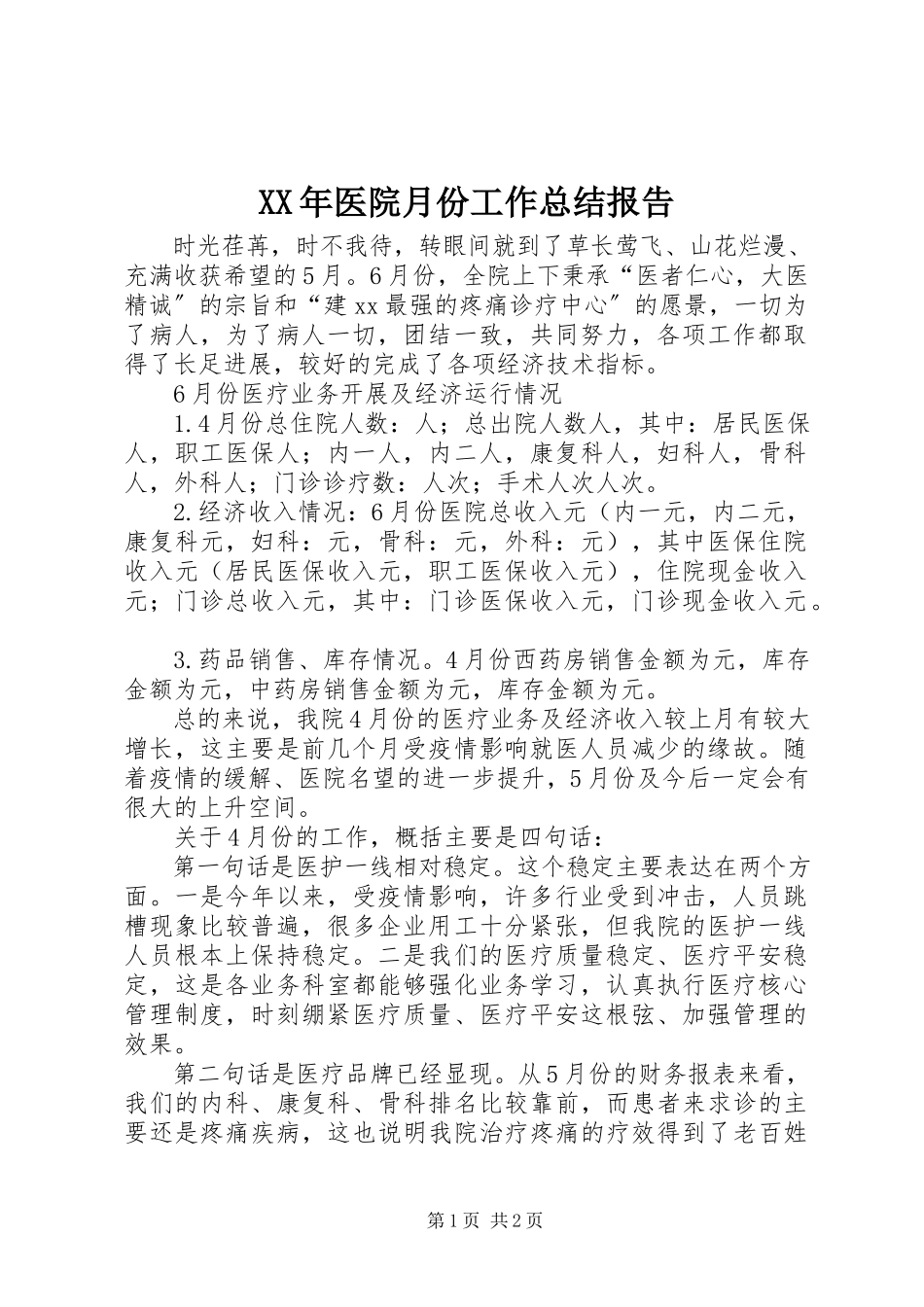2023年医院月份工作总结报告.docx_第1页