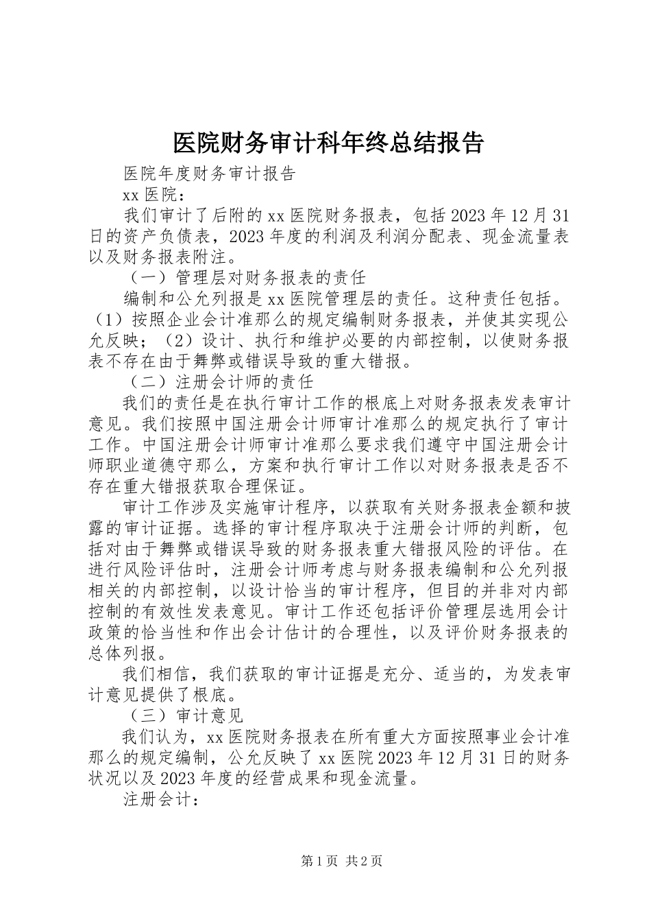 2023年医院财务审计科年终总结报告.docx_第1页