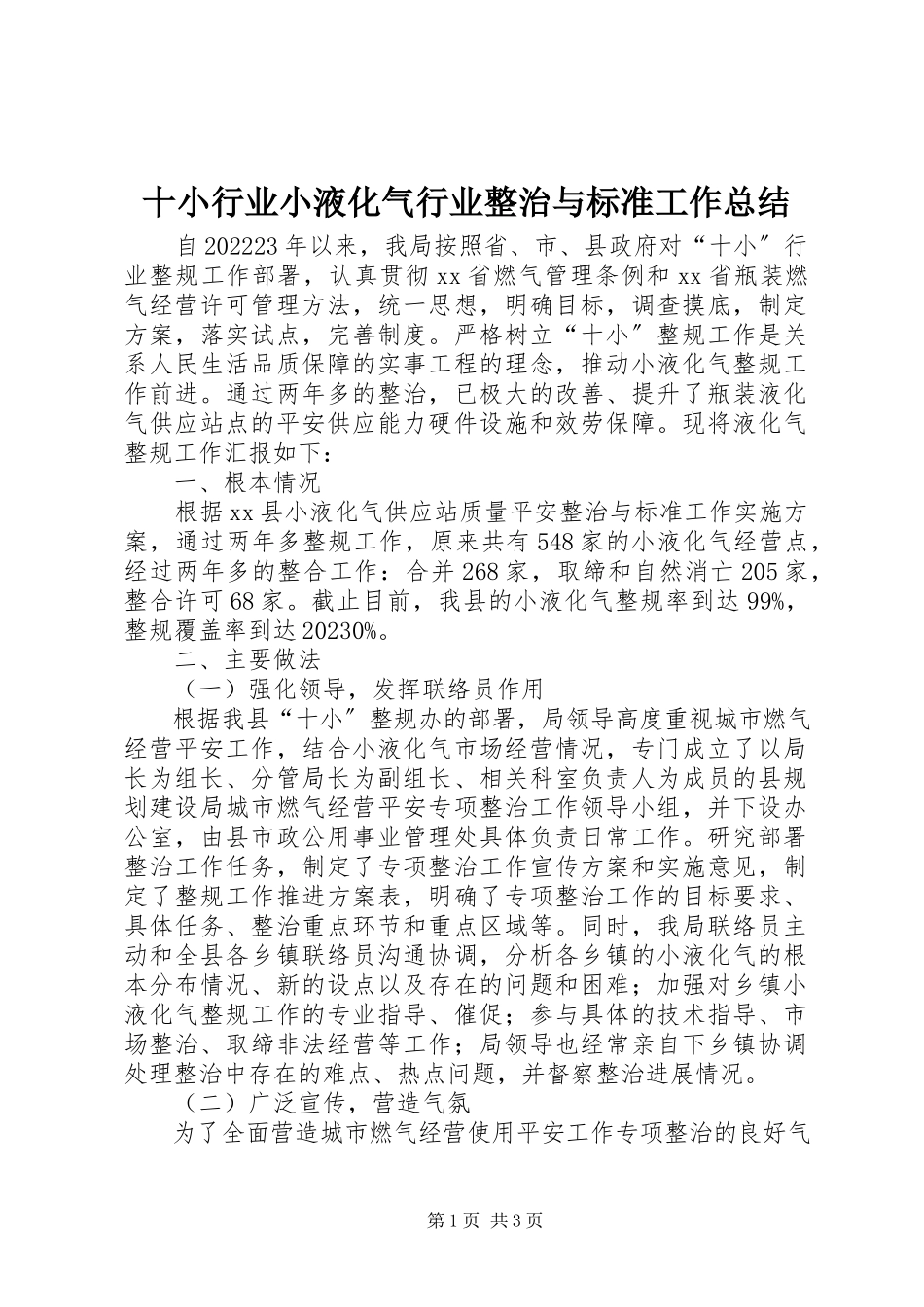 2023年十小行业小液化气行业整治与规范工作总结.docx_第1页