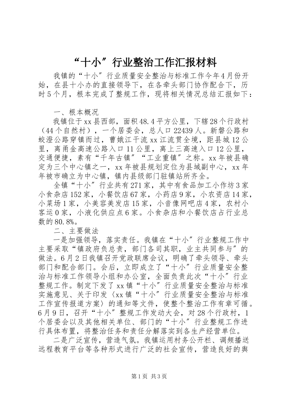 2023年十小行业整治工作汇报材料.docx_第1页