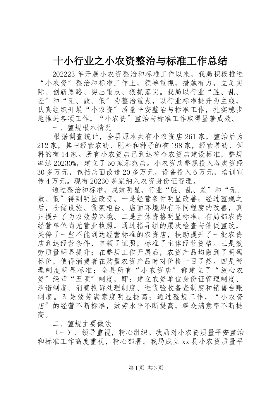 2023年十小行业之小农资整治与规范工作总结.docx_第1页