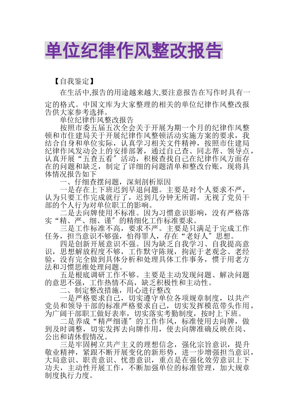 2023年单位纪律作风整改报告.doc_第1页