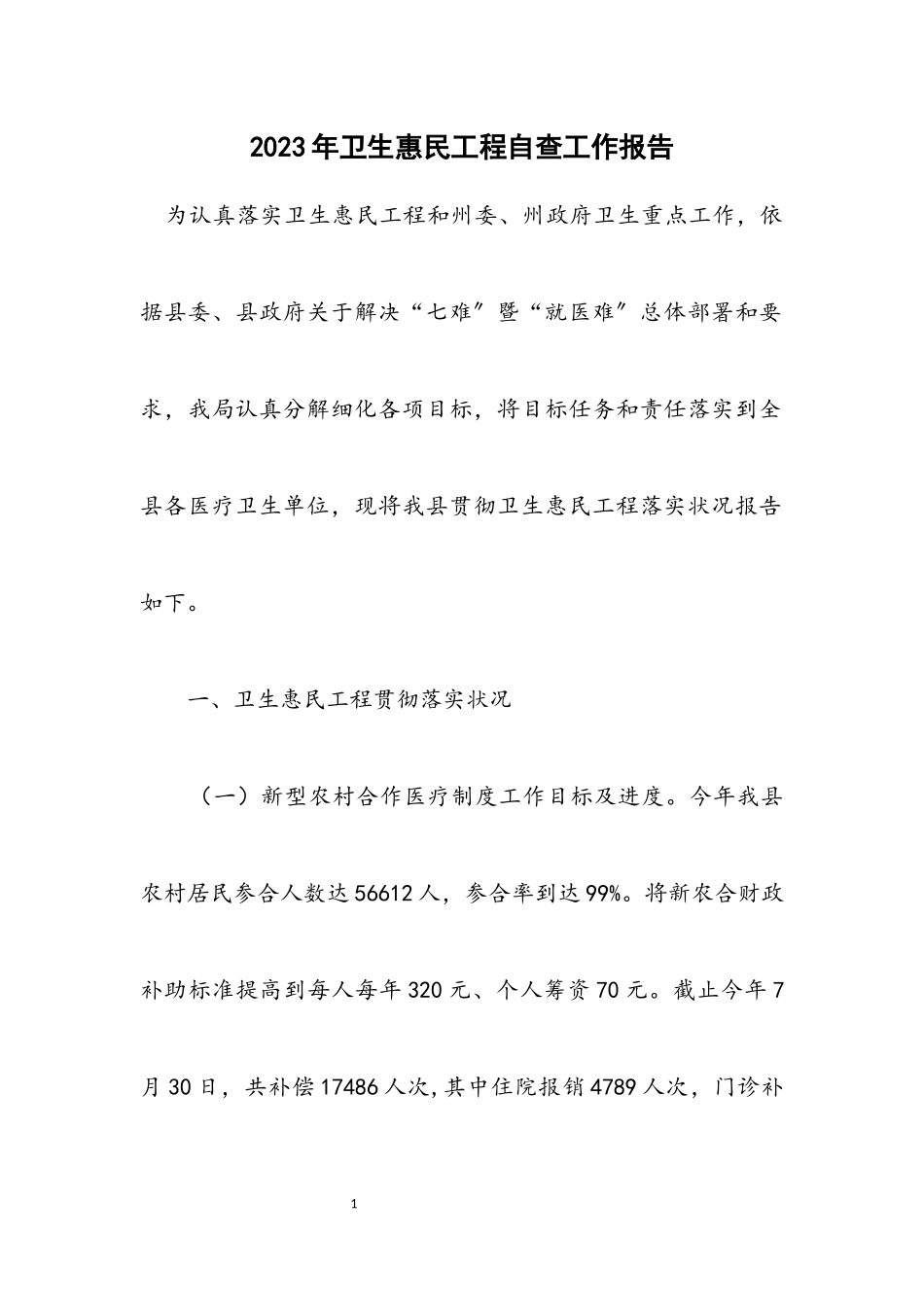 2023年卫生惠民工程自查工作报告.docx_第1页