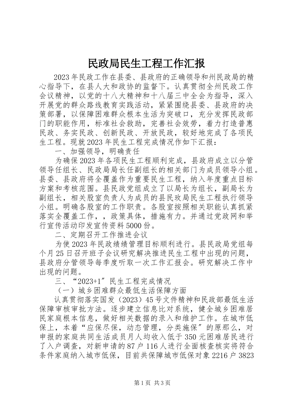 2023年民政局民生工程工作汇报.docx_第1页