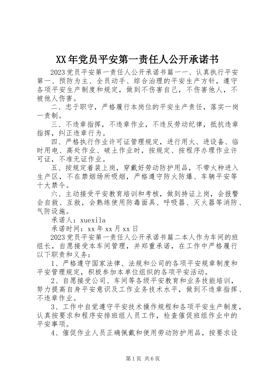 2023年党员安全第一责任人公开承诺书.docx_第1页