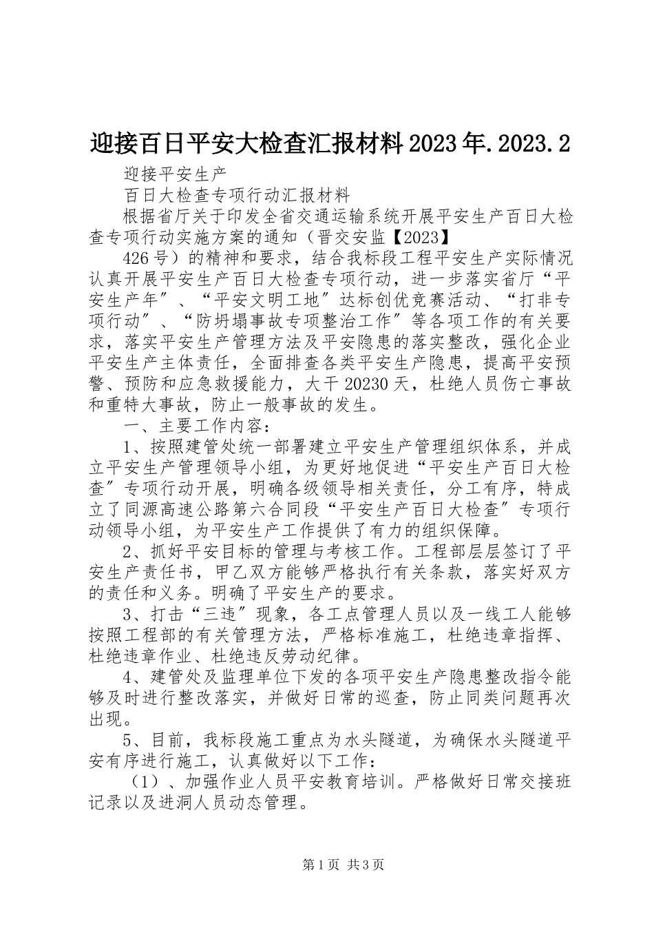 2023年迎接百日安全大检查汇报材料102.docx_第1页