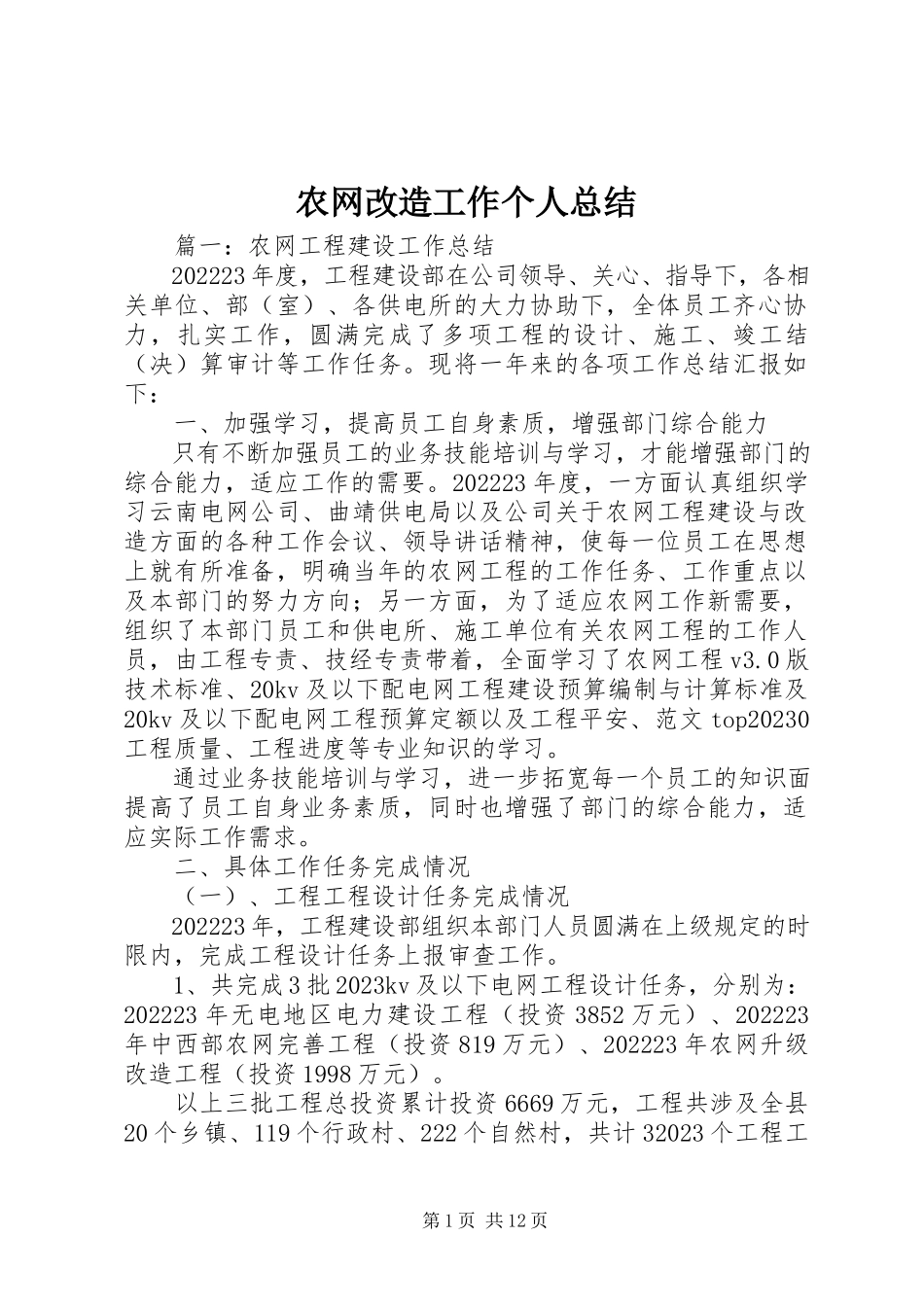 2023年农网改造工作个人总结.docx_第1页