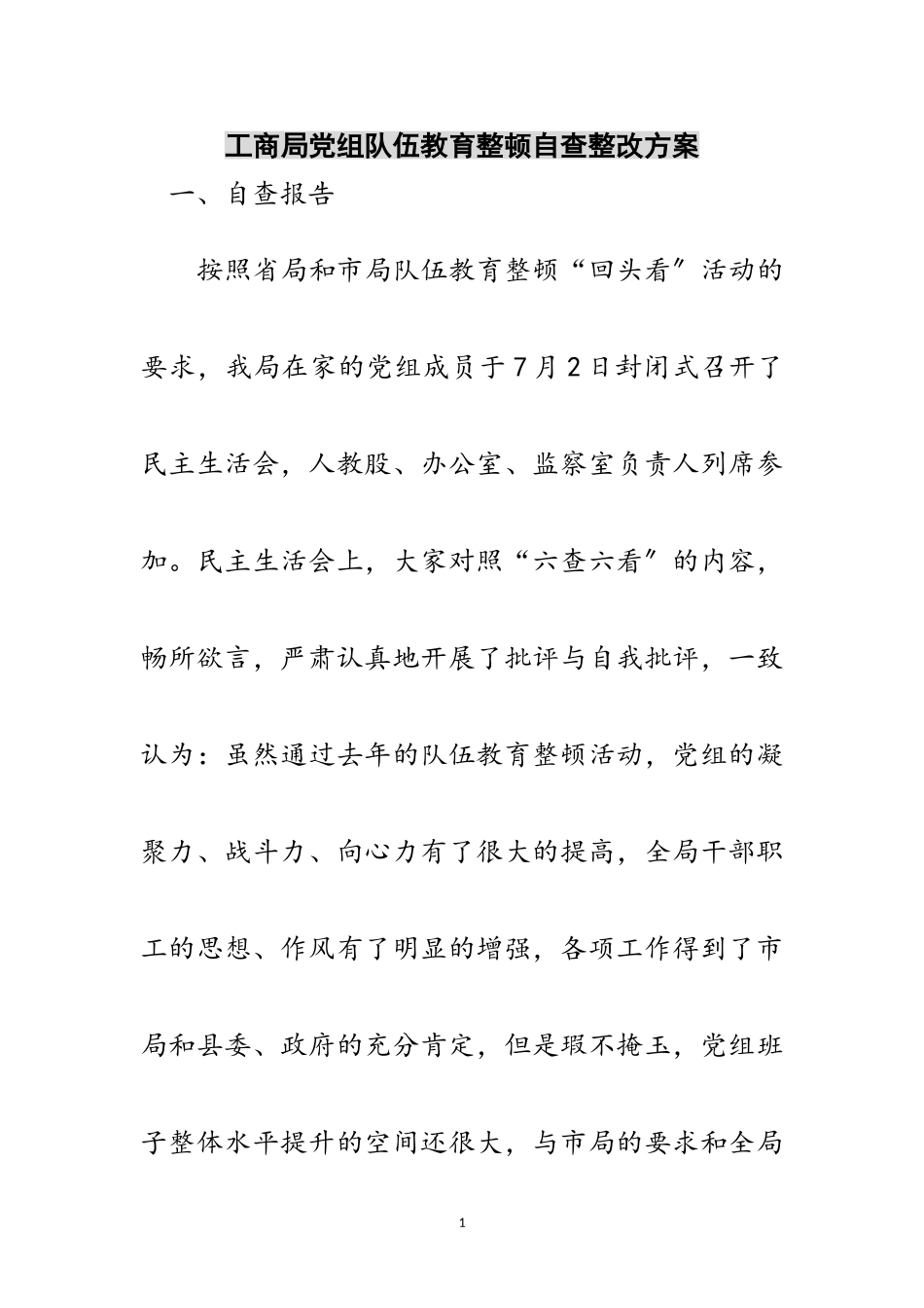 2023年工商局党组队伍教育整顿自查整改方案范文.doc_第1页