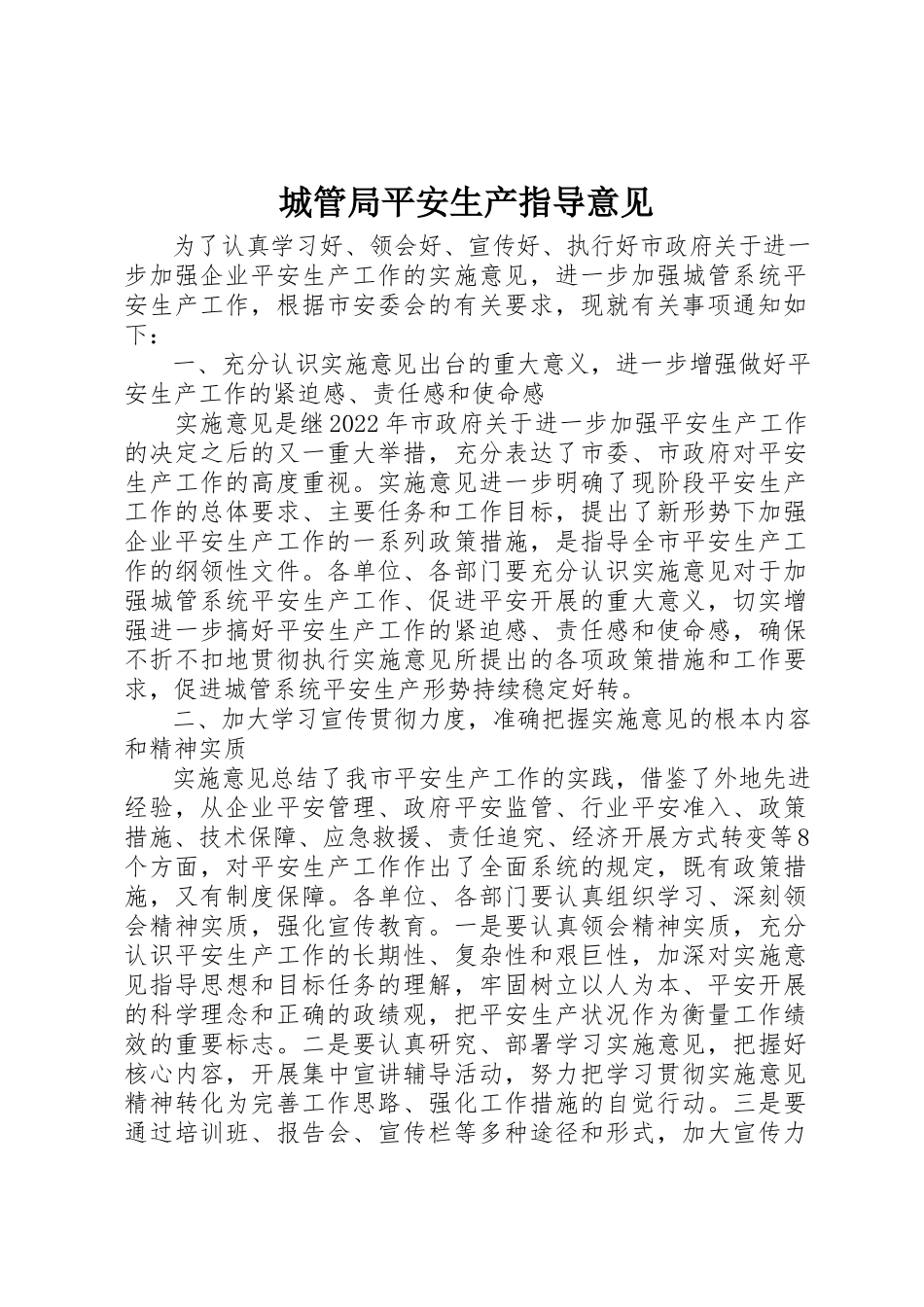 2023年城管局安全生产指导意见.docx_第1页