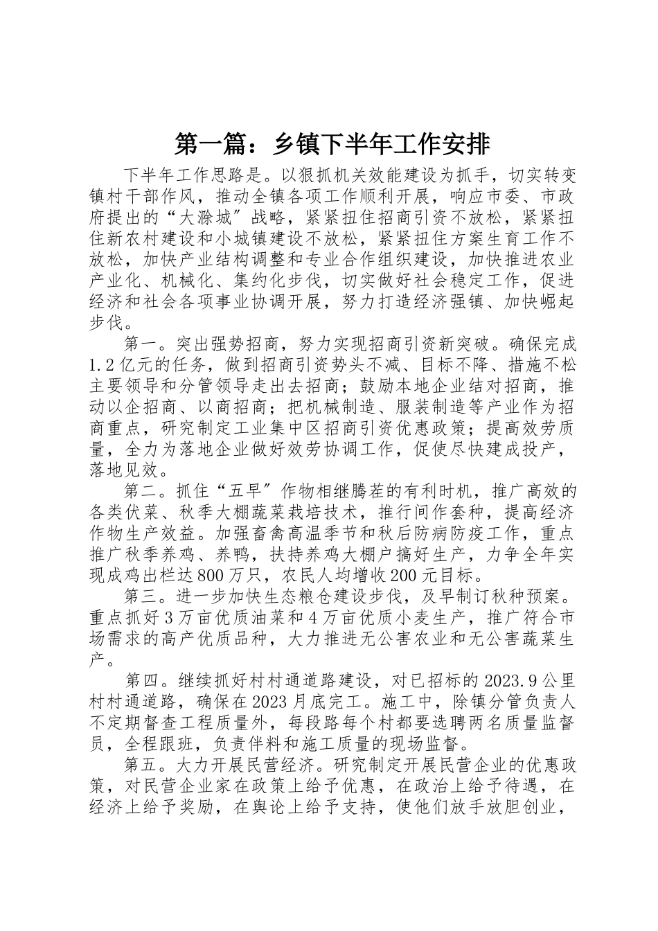 2023年xx乡镇下半年工作安排新编.docx_第1页