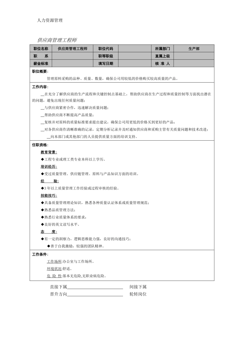 人力资源管理 企业管理 岗位说明 供应商管理工程师.docx_第1页