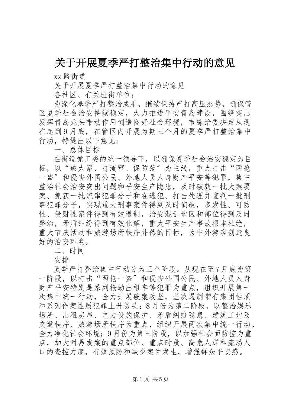 2023年开展夏季严打整治集中行动的意见.docx_第1页